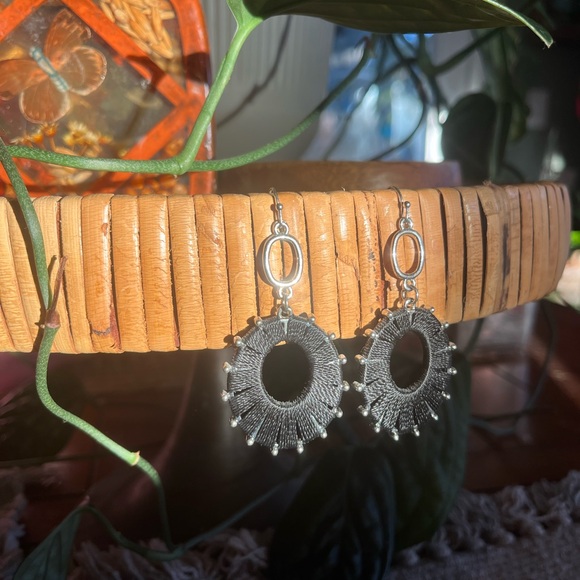 Handmade Artisan Yarn Black + SilverTone Dangle Earrings - Picture 2 of 5